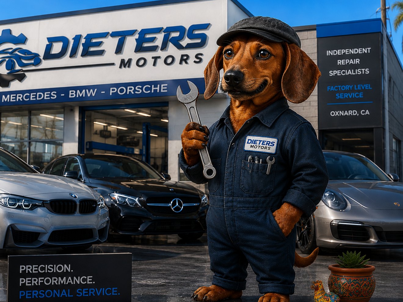 Dieter's Motors dachshund mascot in mechanic coveralls holding a wrench in front of the Oxnard shop with a BMW, Mercedes and Porsche