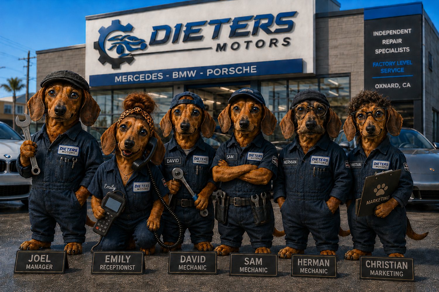 The Dieter's Motors team in coveralls outside the Oxnard shop